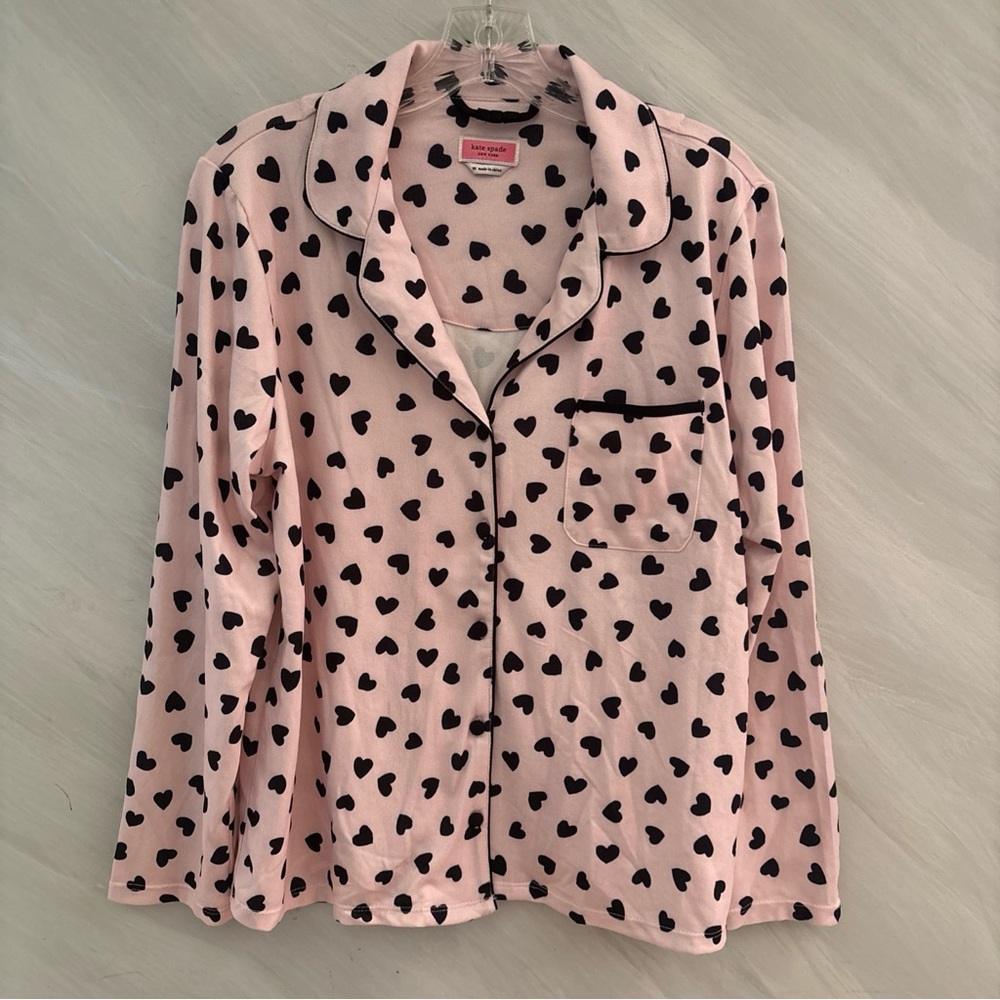 Kate Spade M Pink/Black Heart Long Sleeve Button Down Pajama Top